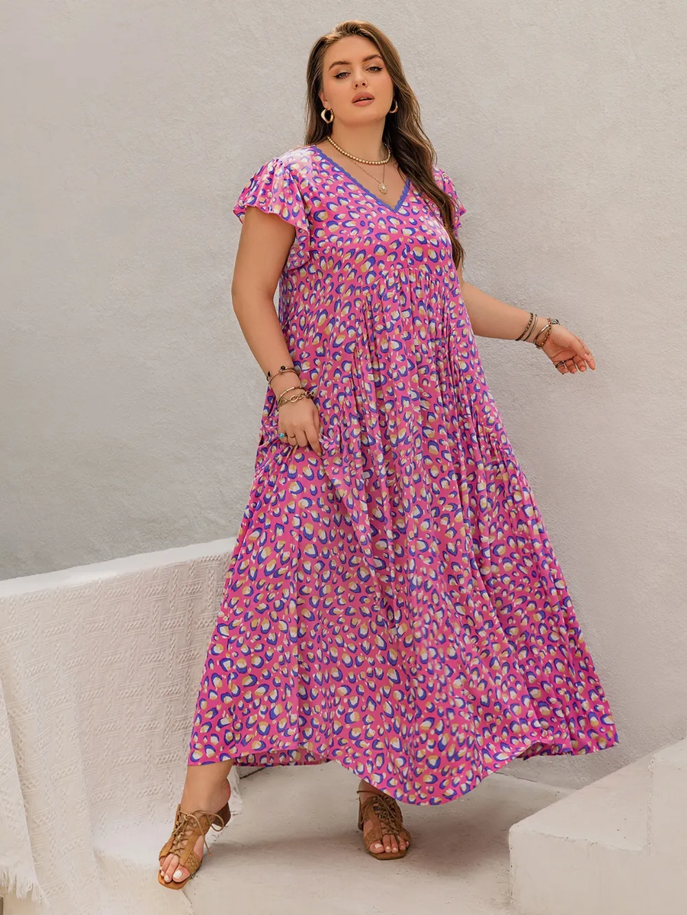 Plus Size Printed V-Neck Flutter Sleeve Tie Waist Maxi Dress, image 5
