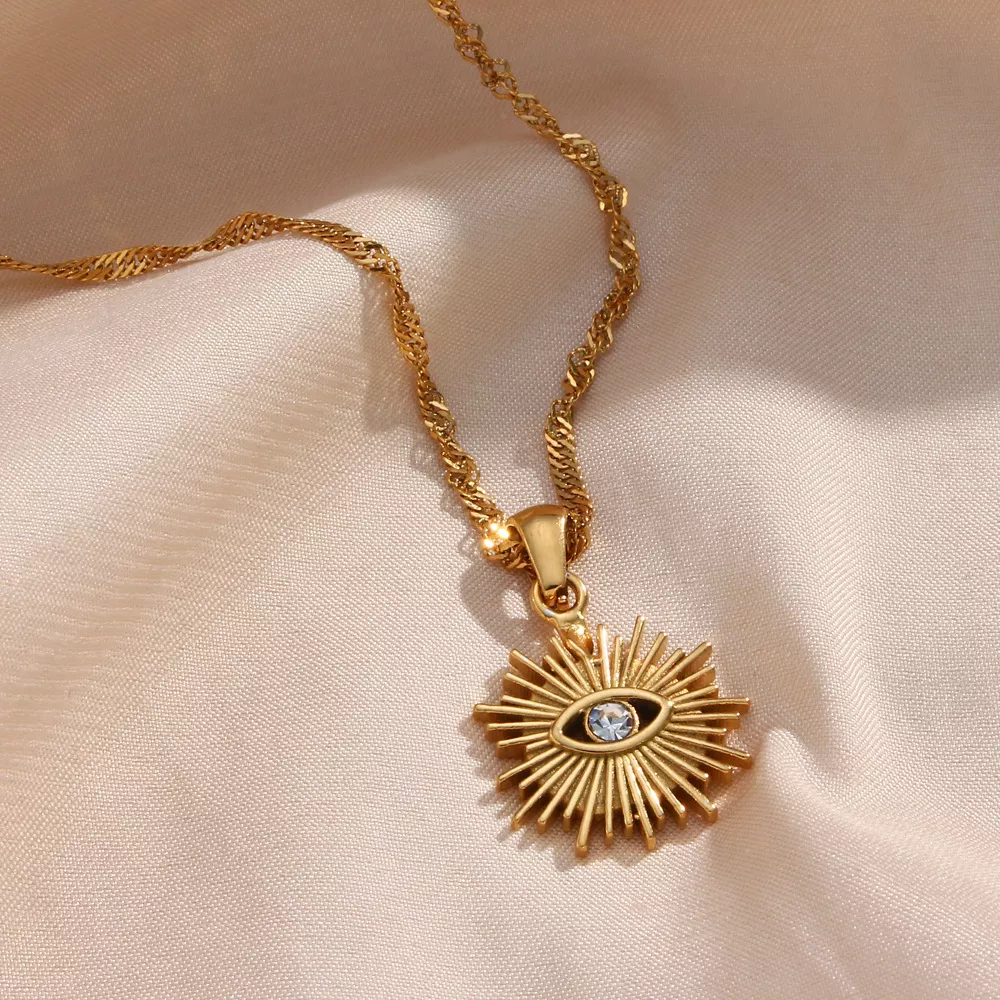 18K Gold-Plated Evil Eye Sunburst Pendant Necklace, image 7