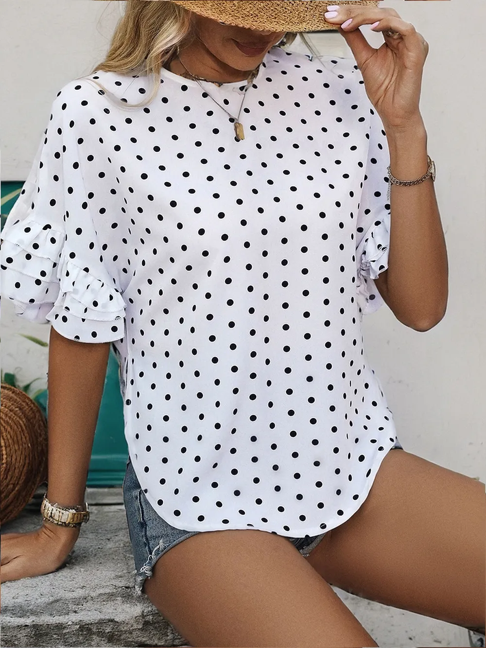 Slit Polka Dot Round Neck Half Sleeve Blouse, image 5