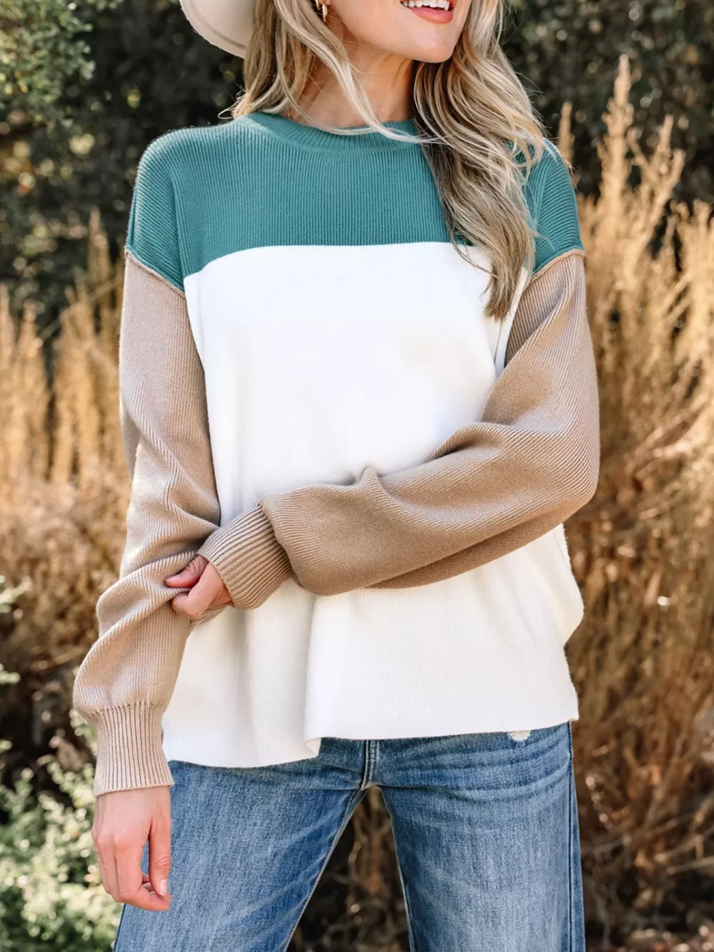Color Block Plain Ribbed Knit Sweatshirt, image 3