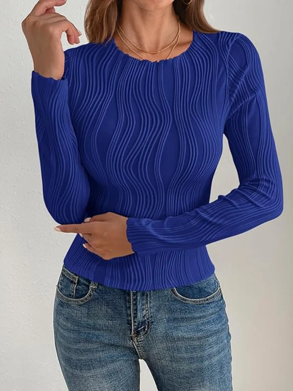 Textured Round Neck Long Sleeve Top, image 17