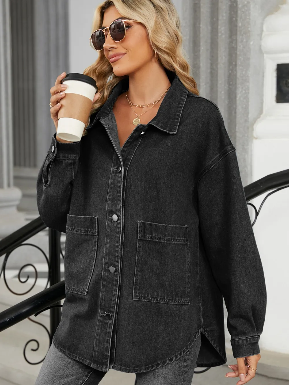 Removable Hood Button Up Long Sleeve Denim Jacket, image 4