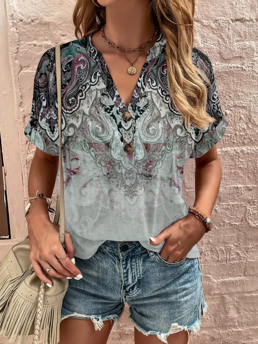 Full Size Printed Notched Short Sleeve Blouse, image 22