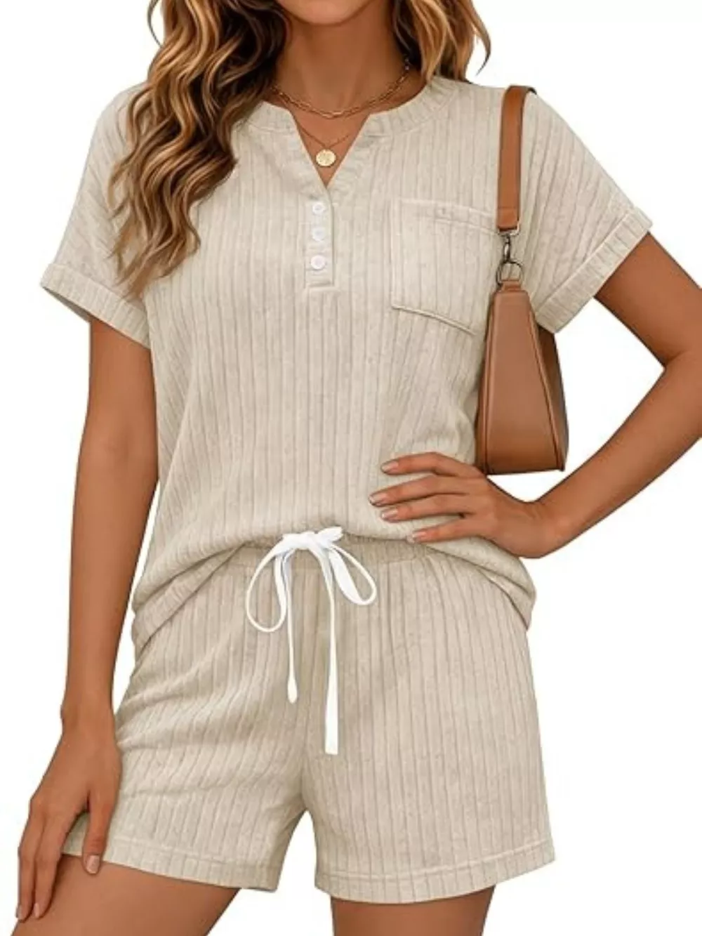 Casual Ribbed Knit Tee and Shorts Set, image 7