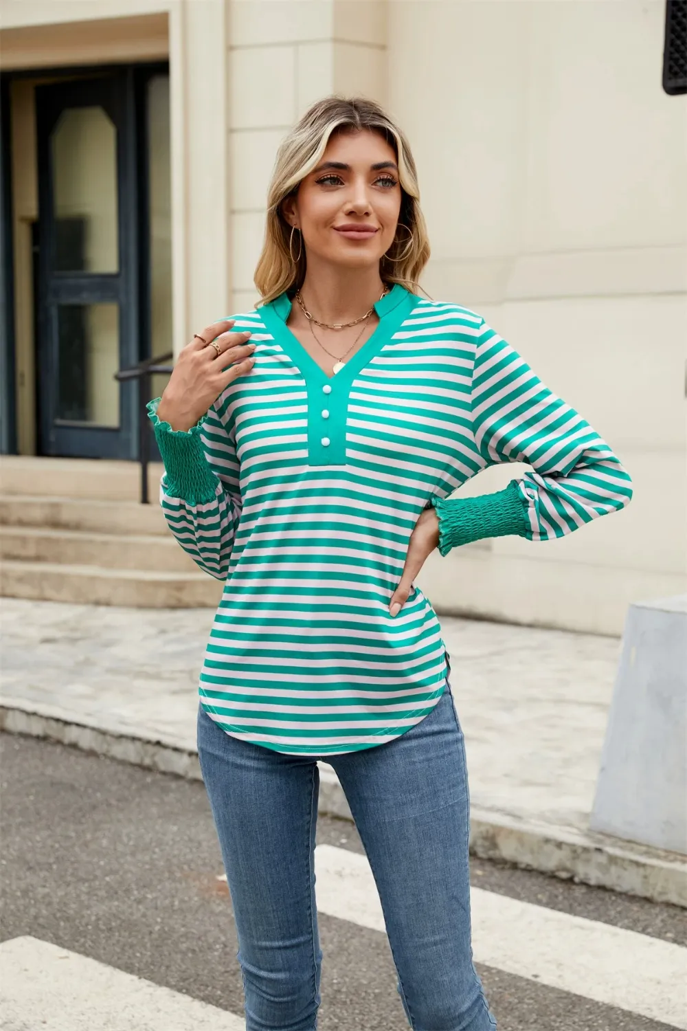 Contrast Striped Notched Long Sleeve Top, image 10