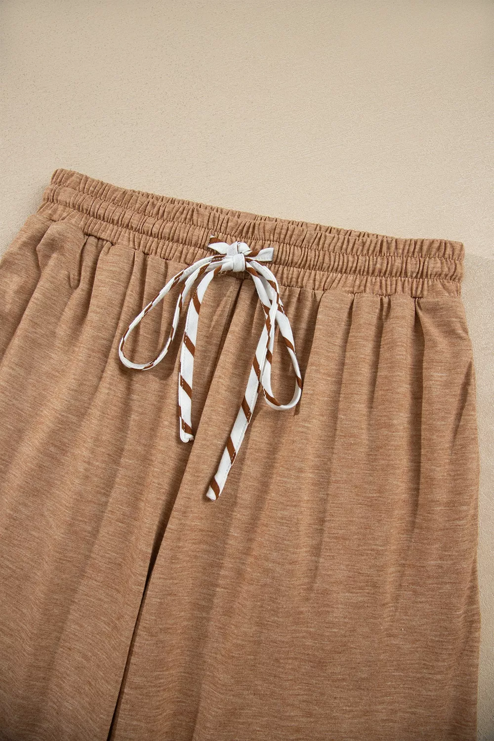 Stripe V Neck Ruffle Contrast Sleeve Top Drawstring Pants 2pcs Set, image 7