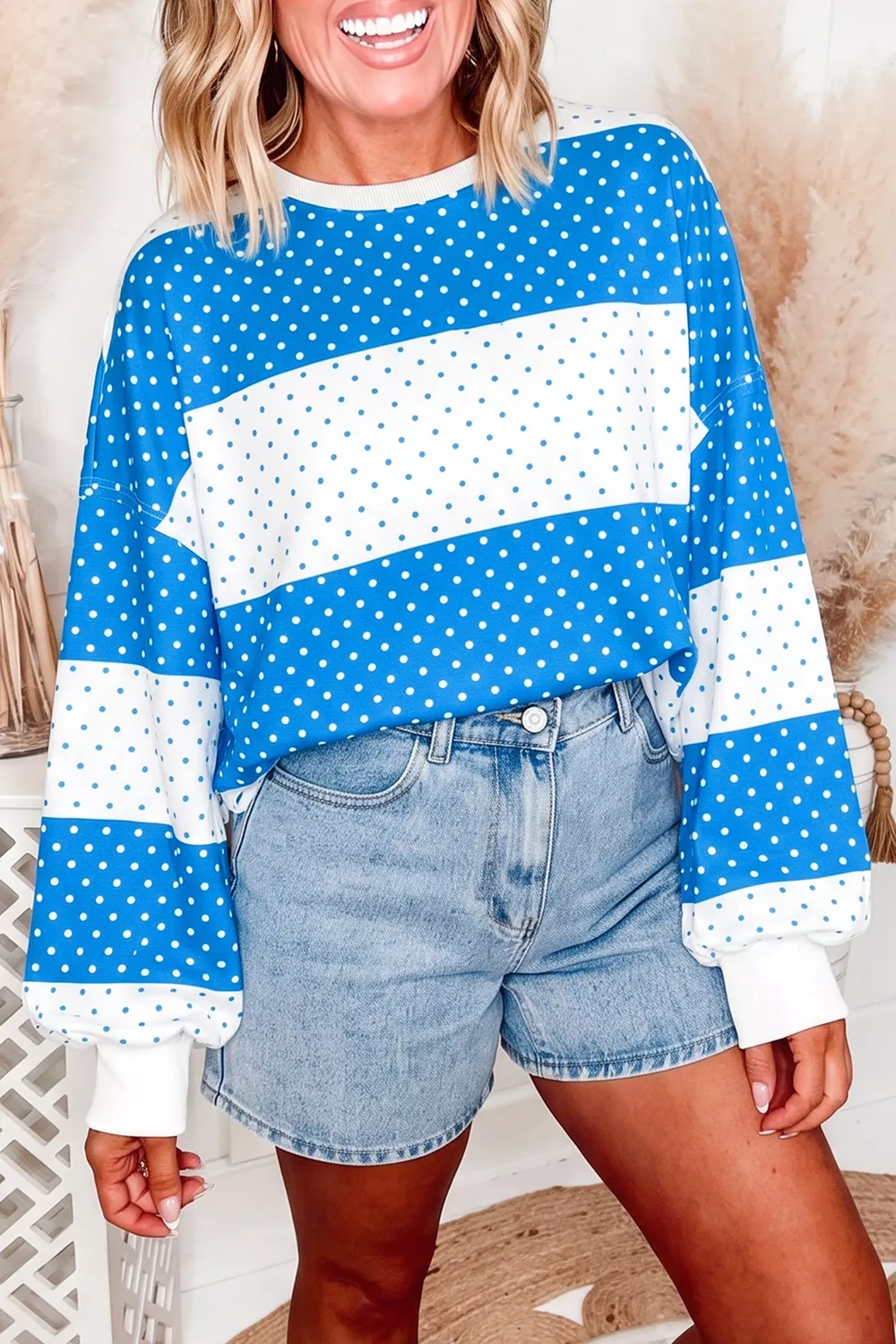 Casual Color-Block Polka Dot Long Sleeve Top, image 4