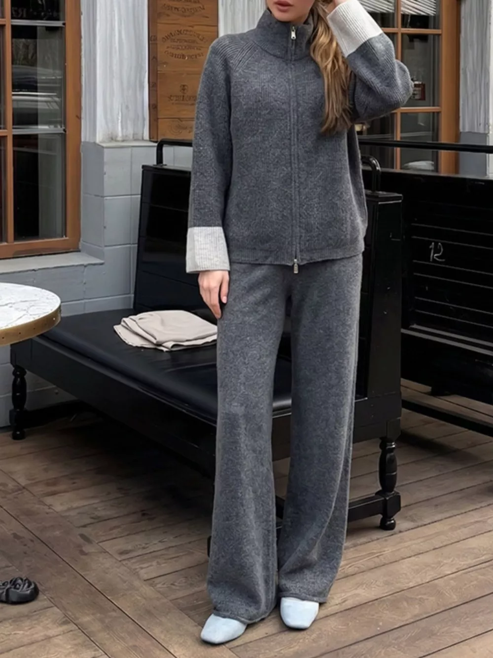 Zip-Up Contrast Cuff Cardigan and Pants Sweater Set, image 25
