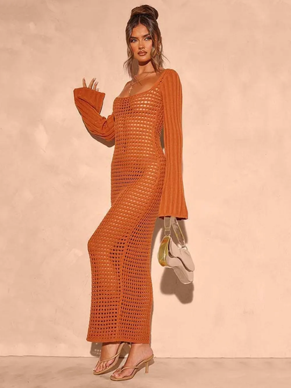 Openwork Square Neck Flare Sleeve Cover-Up Dress, image 5