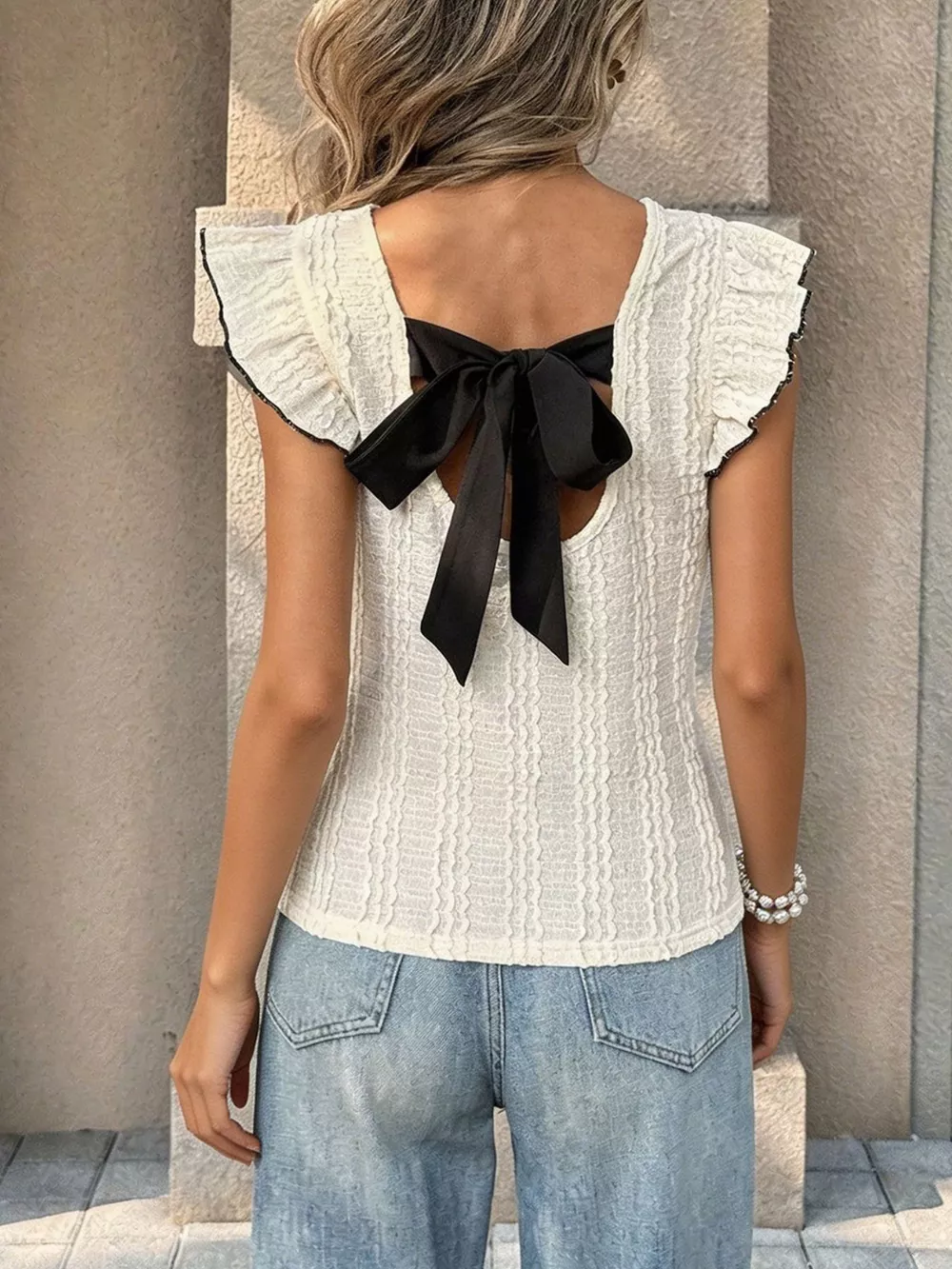 Textured Ruffle Sleeve Slim Fit Top, image 6