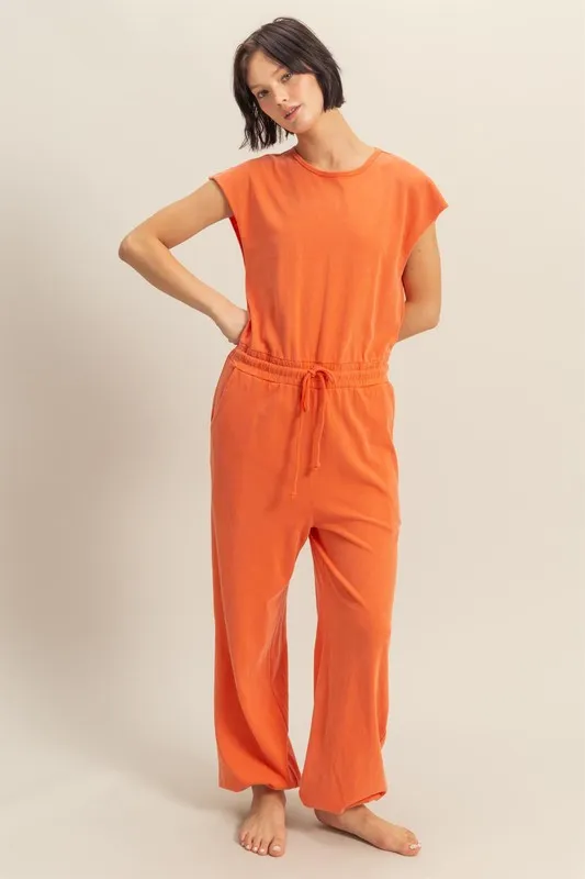 Back Keyhole Round Neck Cap Sleeve Drawstring Jumpsuit, image 4