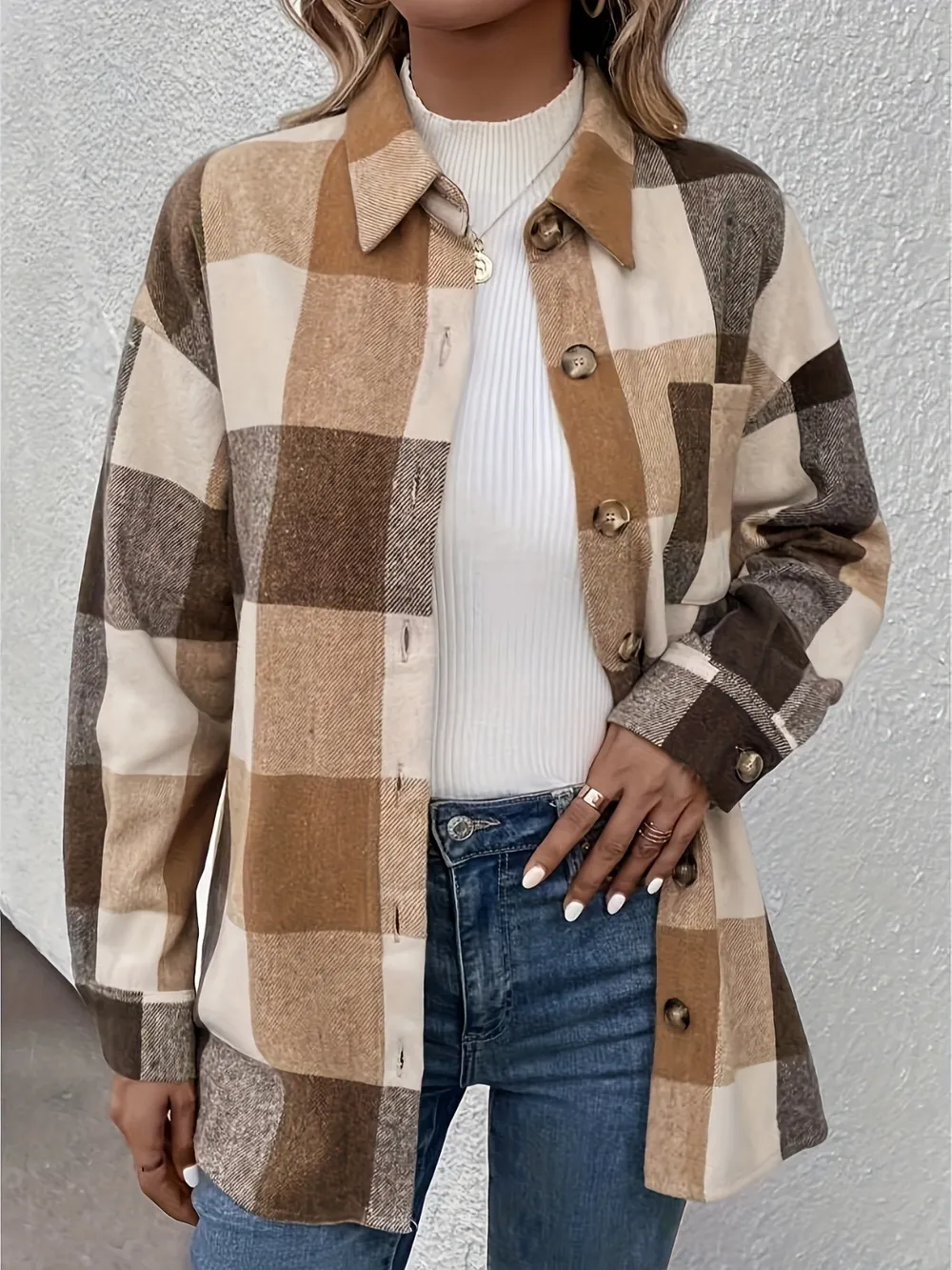 Curved Hem Plaid Collared Neck Shacket, image 4