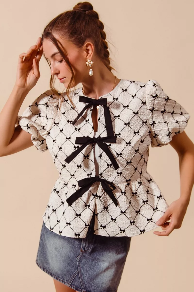 Bow Texture Woven Peplum Top With Contrast Tie, image 7