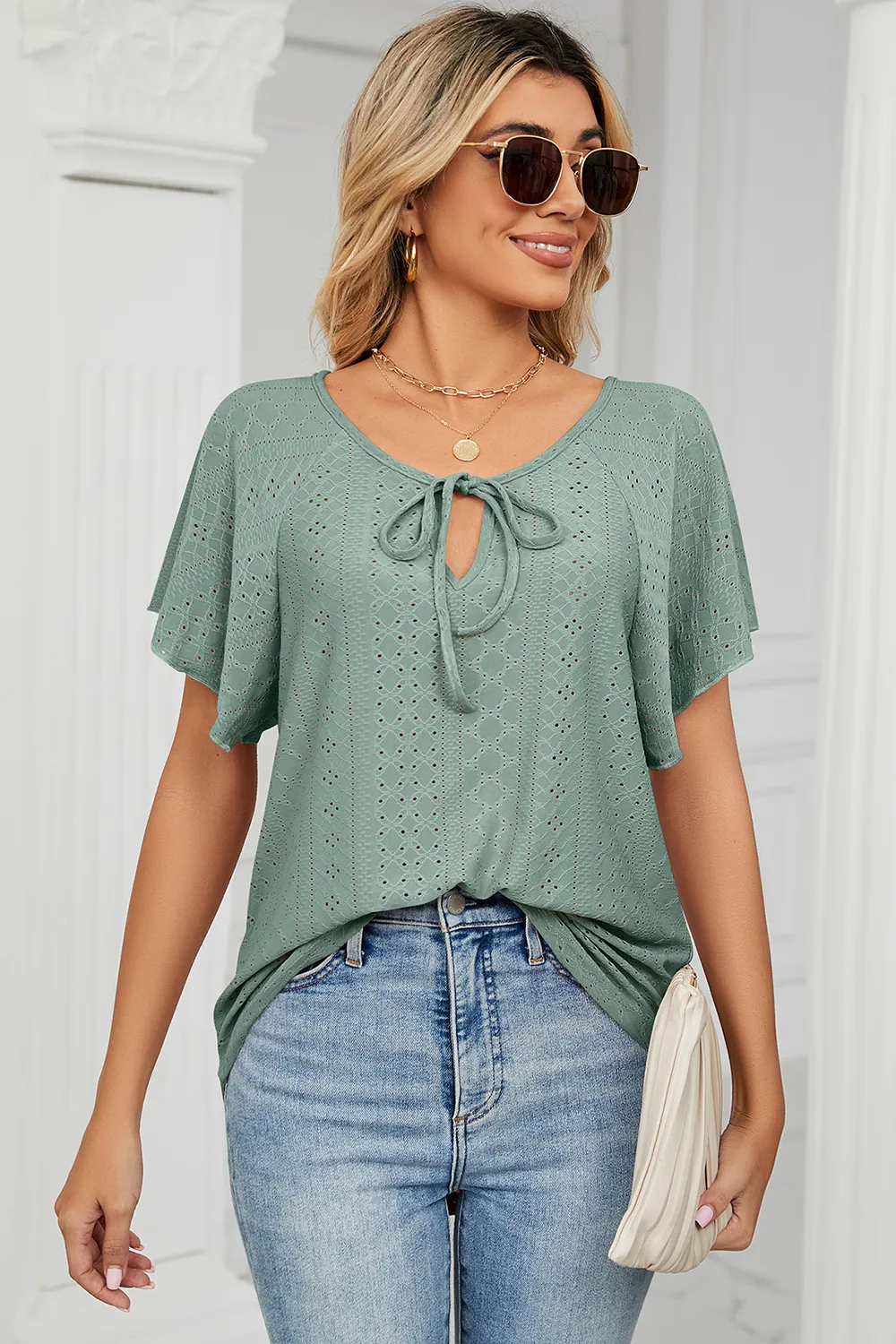 Eyelet Tie Neck Flutter Sleeve Blouse, image 16