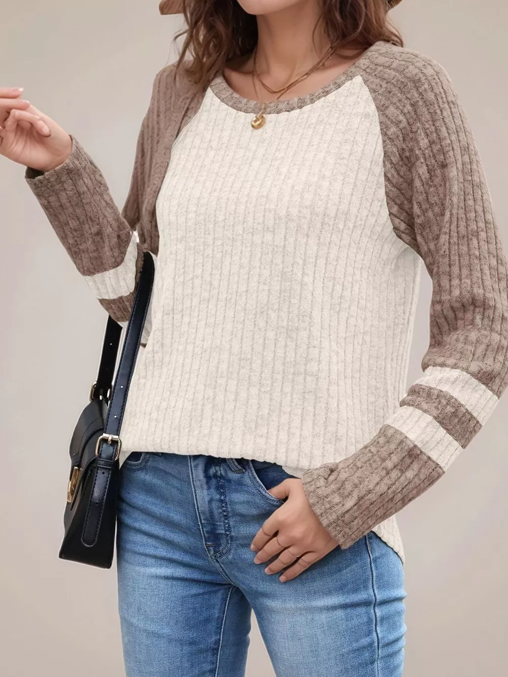 Ribbed Round Neck Raglan Sleeve Top, image 16