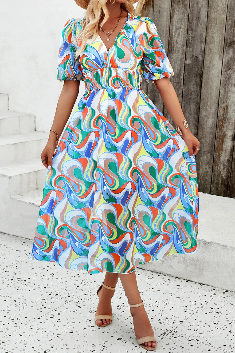Smocked Printed V-Neck Short Sleeve Dress, image 12