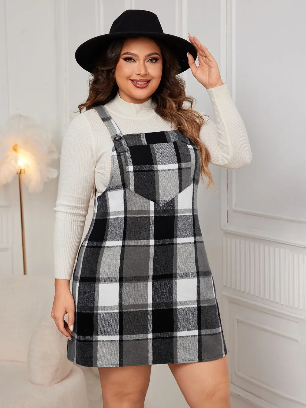 Plus Size Plaid Wide Strap Overall Dress, image 13