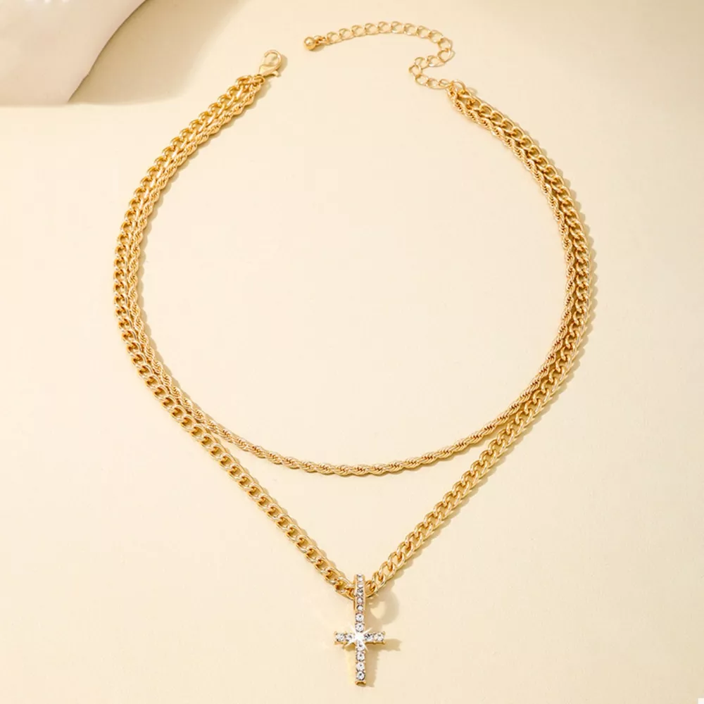 Layered Gold Chain Cross Pendant Necklace, image 5