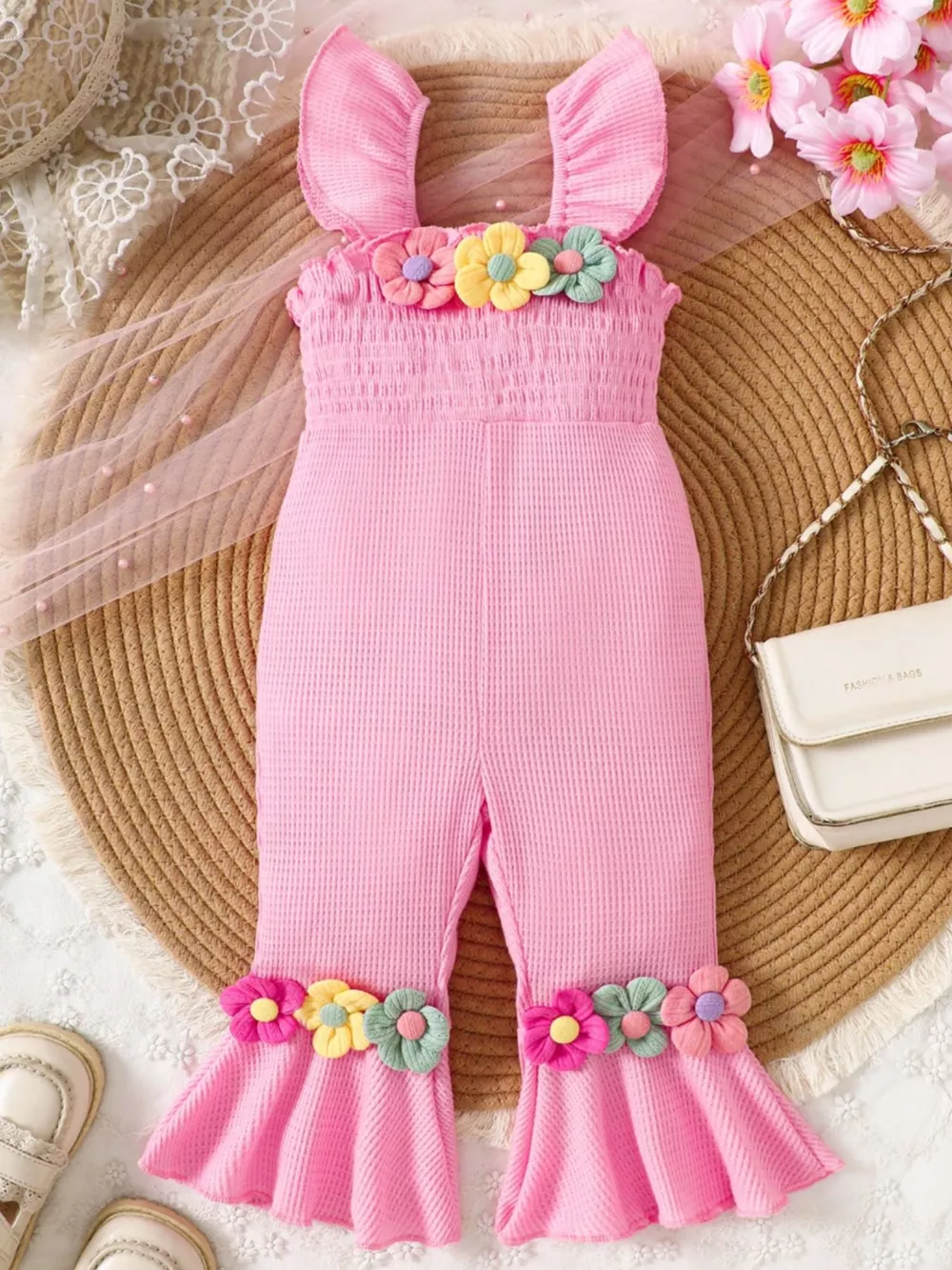 Children's Floral Decor Smocked Ruffle Hem Jumpsuit, image 9