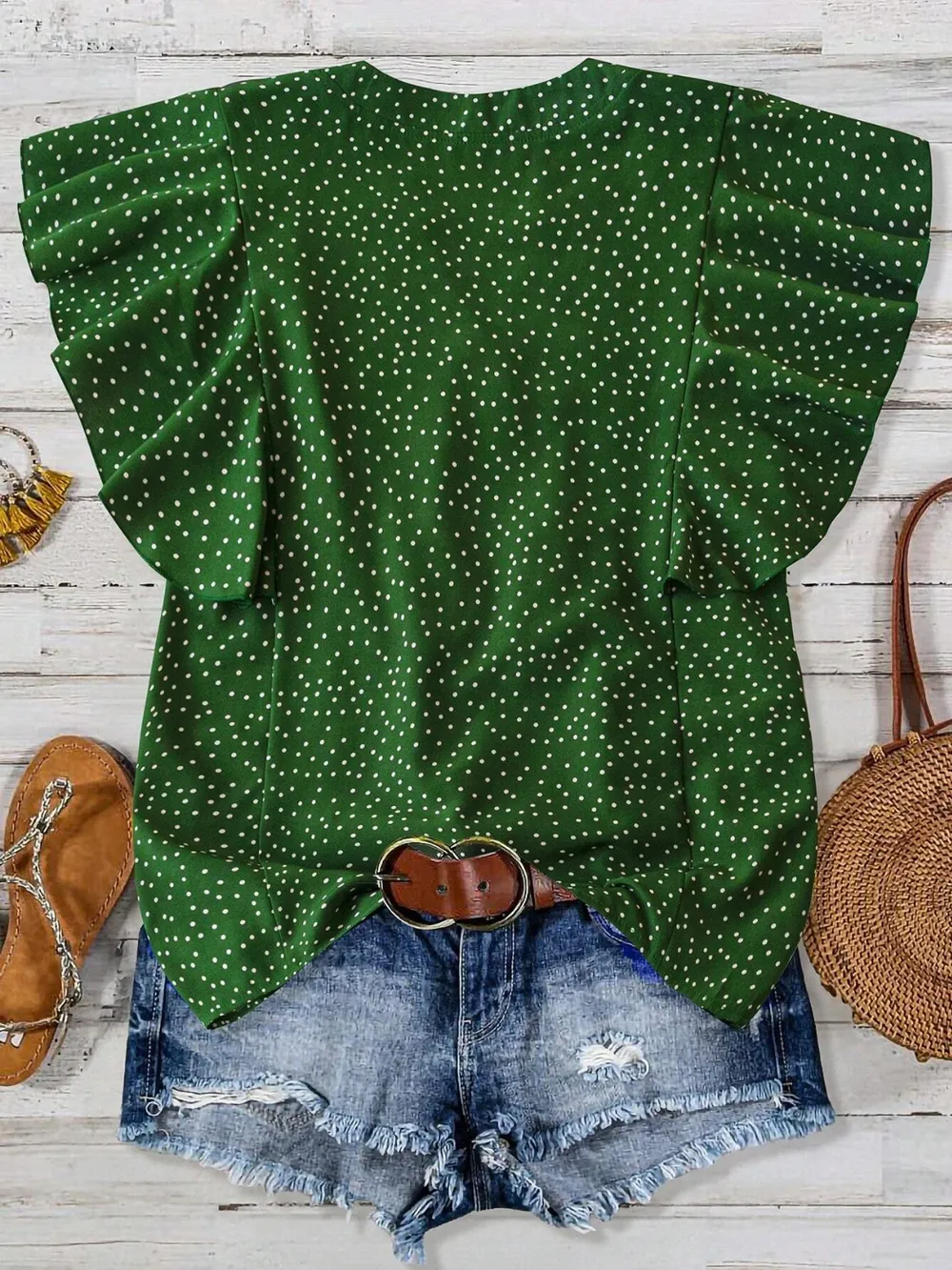 Polka Dot Notched Ruffled Cap Sleeve Blouse, image 18