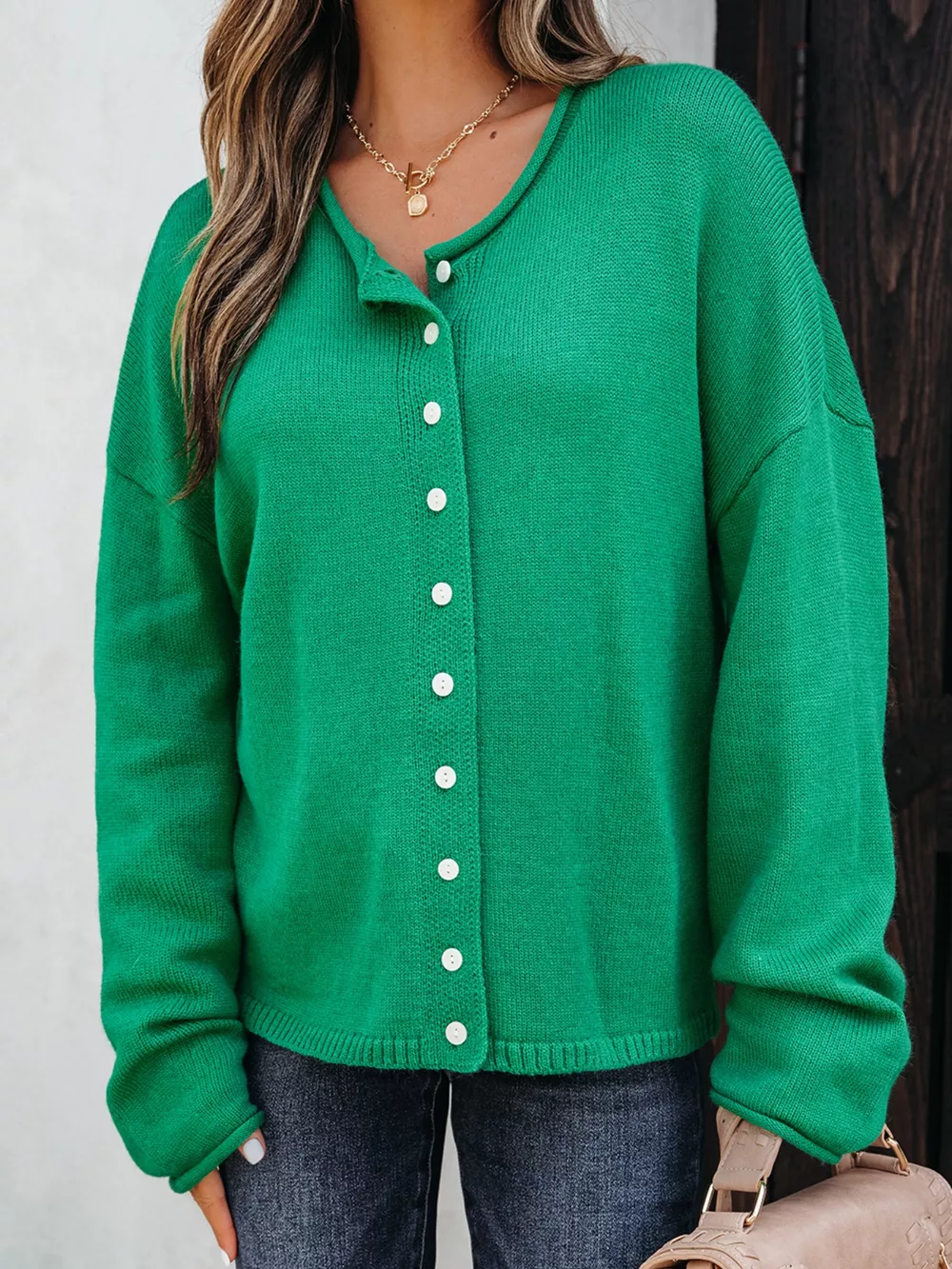 Solid Color Knit Button Drop Shoulder Sweater Cardigan, image 4