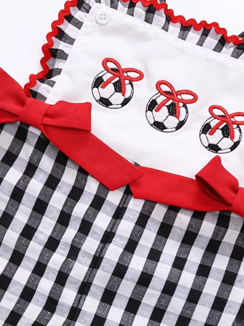 Children's Gingham Soccer Ball Embroidered Ruffle Hem Jumpsuit, image 3