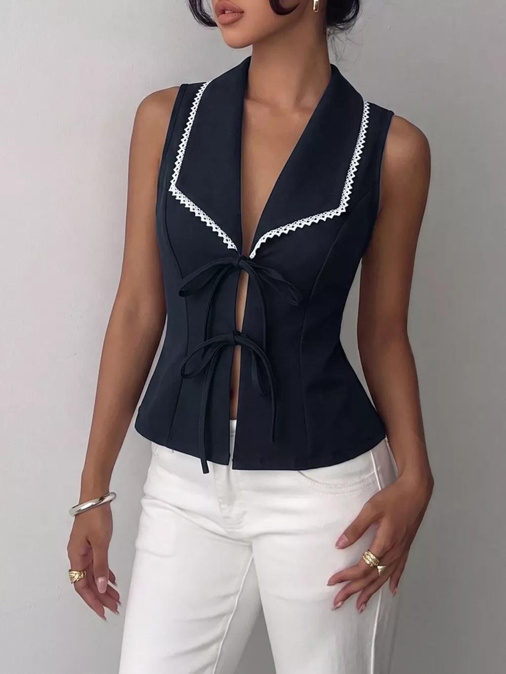 Lace Trim Tie-Front Vest