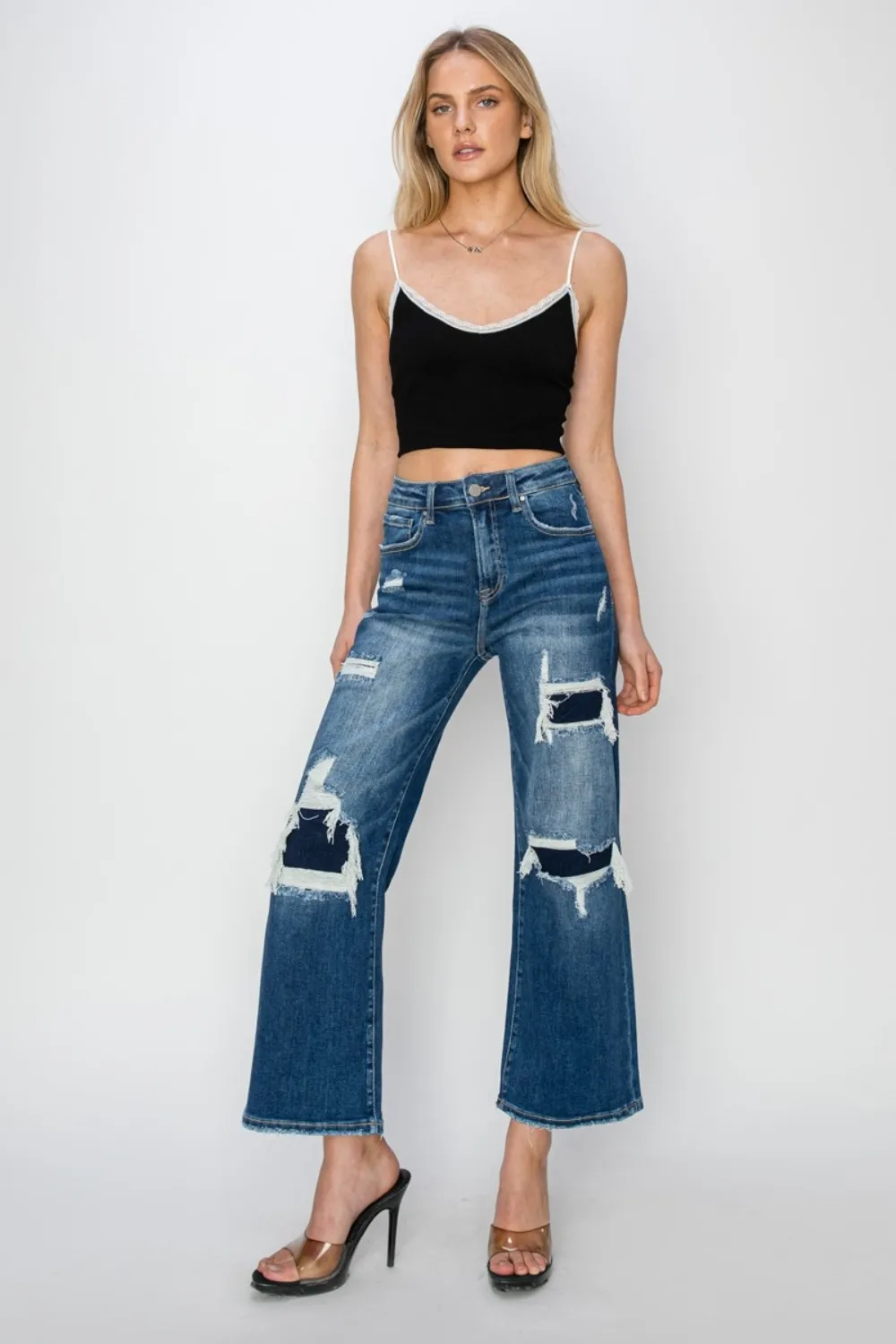Full Size High Rise Patch Detailed Wide Leg Crop Jeans, image 6