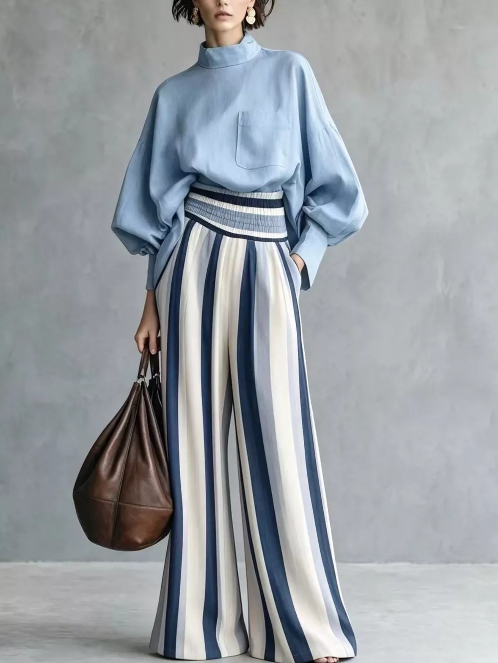 Full Size Mock Neck Top and Striped Wide-Leg Pants Set Plus Size, image 4