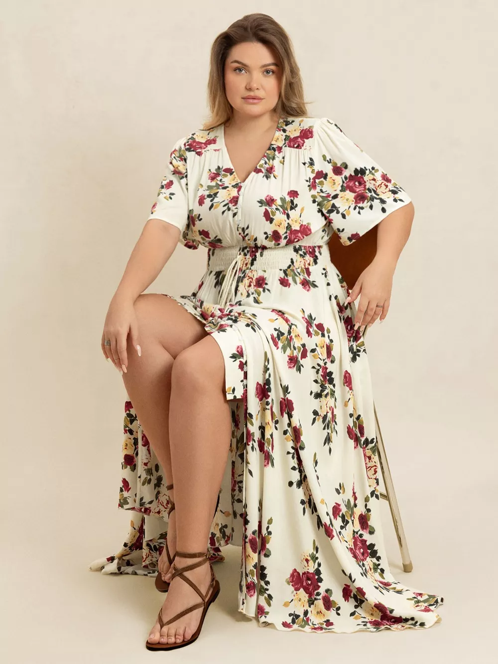 Plus Size Floral Flutter Sleeve Maxi Dress with Button Front, image 5