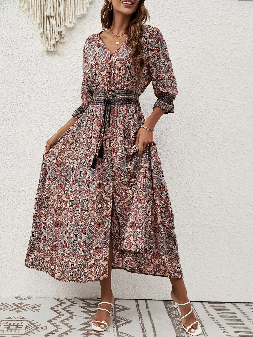 Paisley Print Half Sleeve Slit Midi Dress, image 14