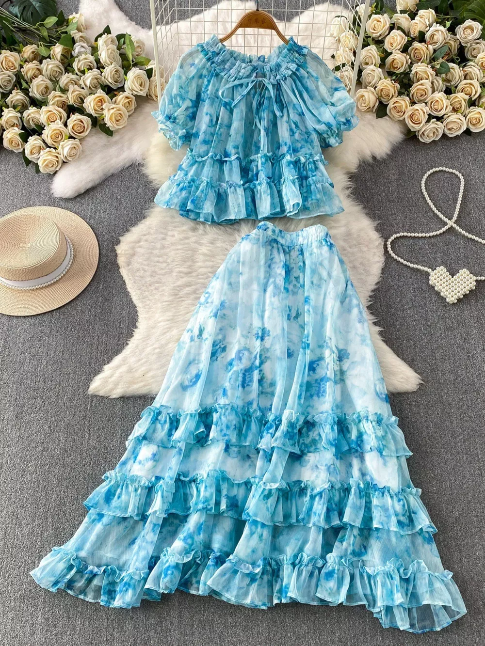 Floral Print Ruffle Hem Blouse and Skirt Set, image 10