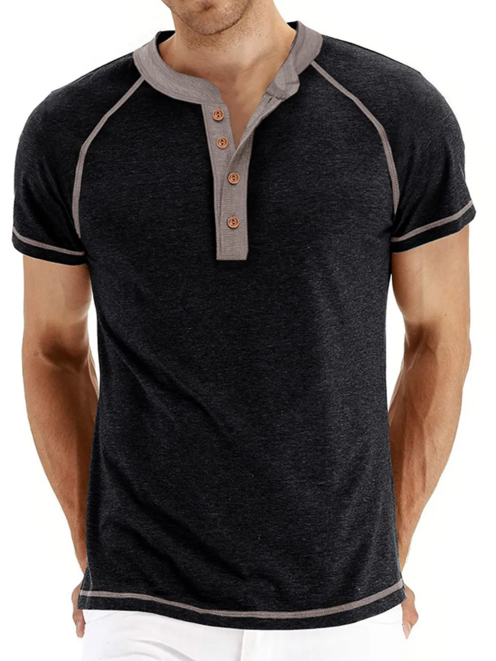 Men's Casual Henley Polo T-Shirt with Contrast Stitching