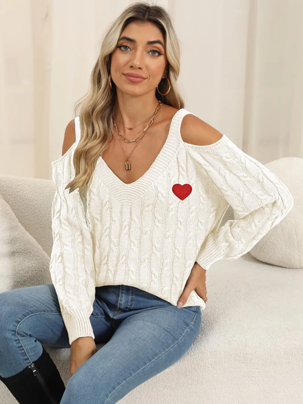 Cable-Knit Heart V-Neck Sweater, image 10