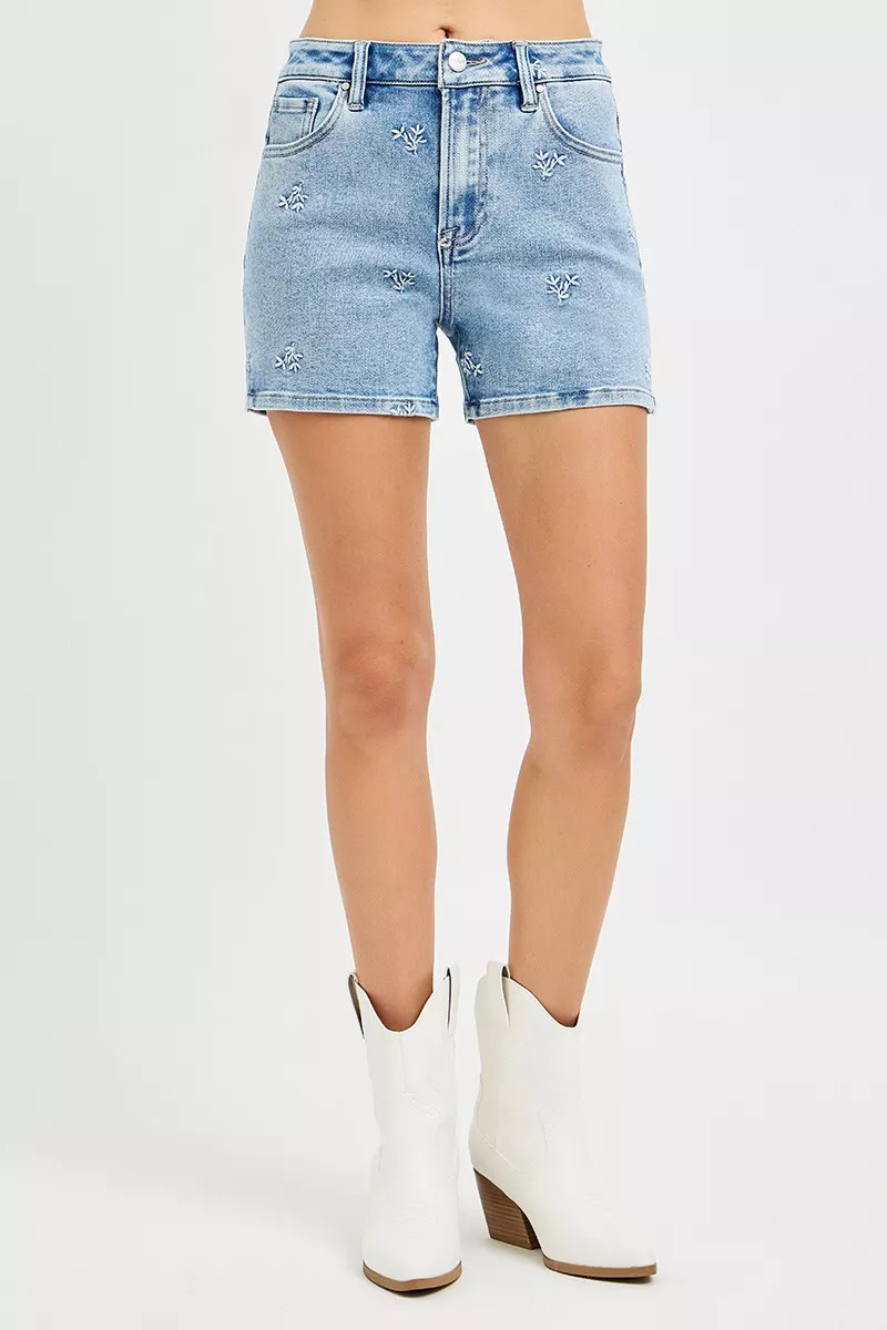 High Rise Denim Shorts with Embroidered Detail, image 2