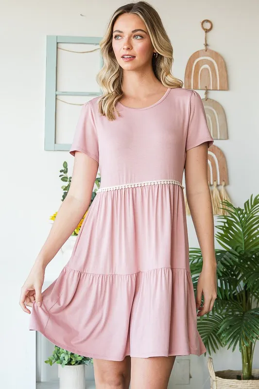 Full Size Solid Mini Tiered Dress with Pompom Lace Plus Size, image 11