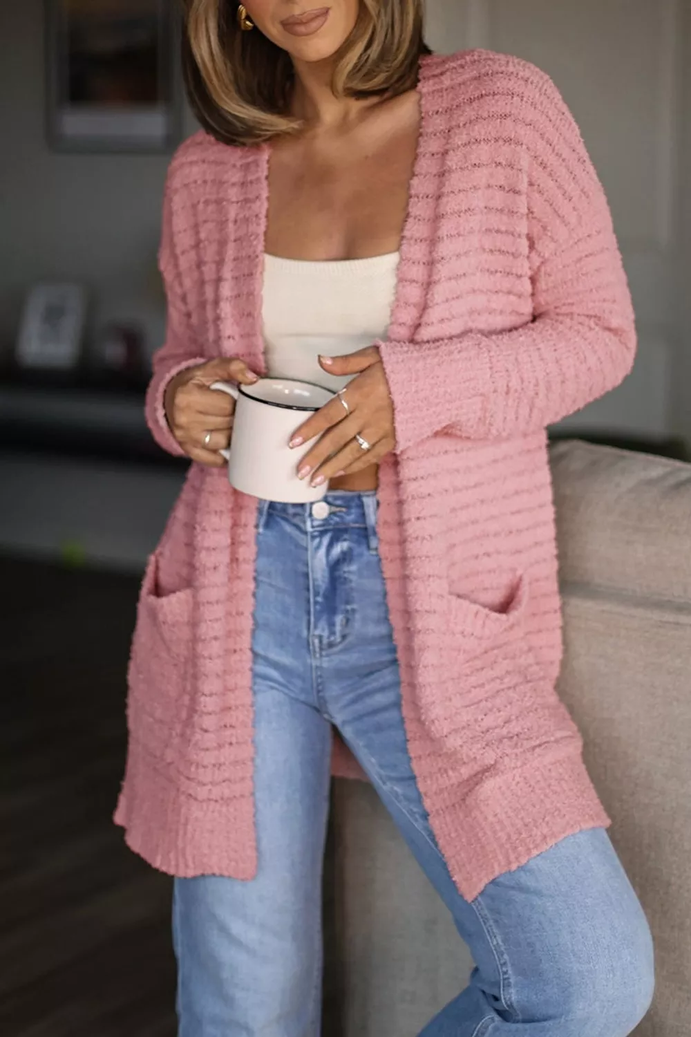Open Front Soft Fuzzy Ribbed Sweater Cardigan