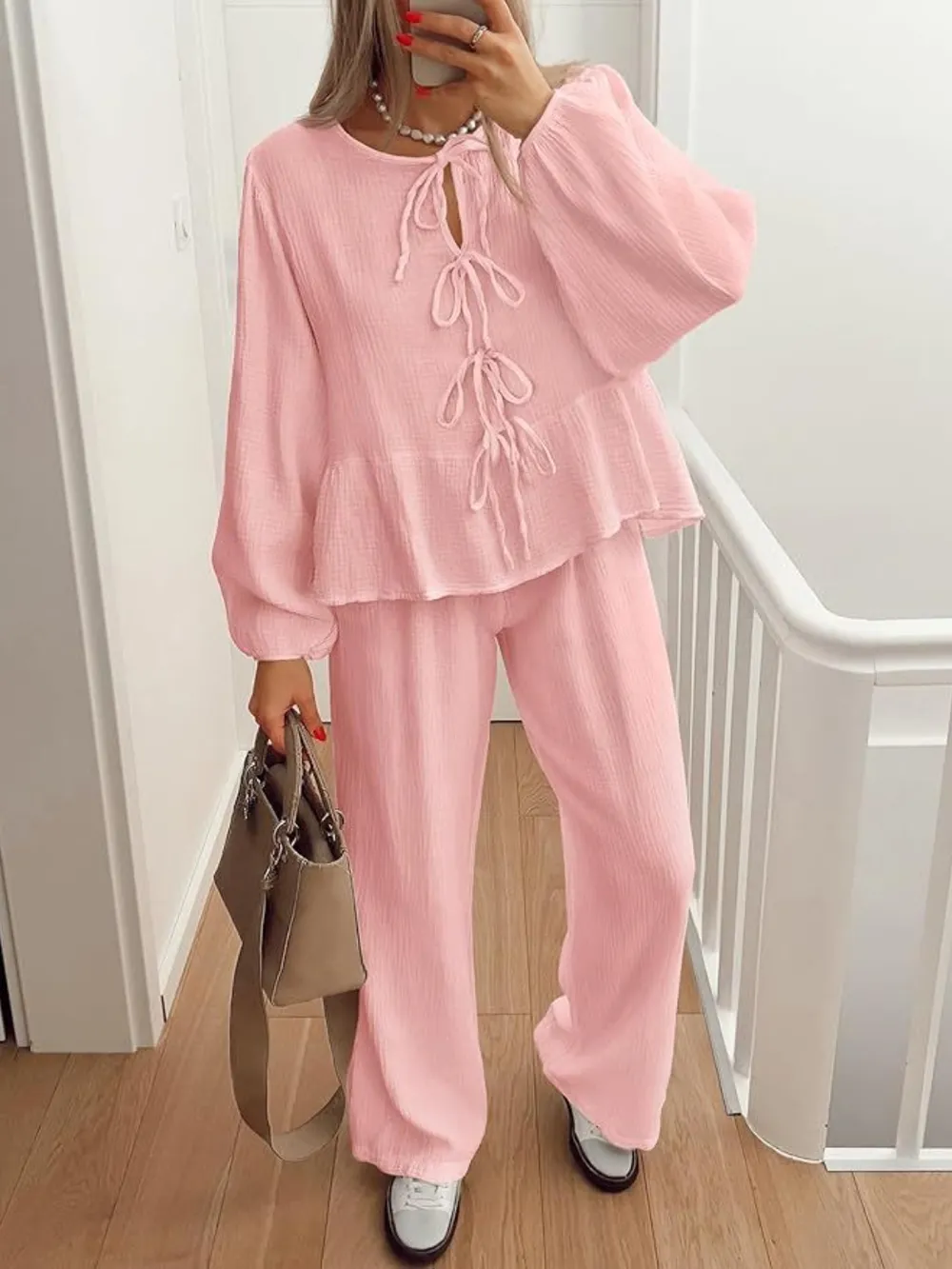 Tie Neck Balloon Sleeve Top and Pants Set, image 10