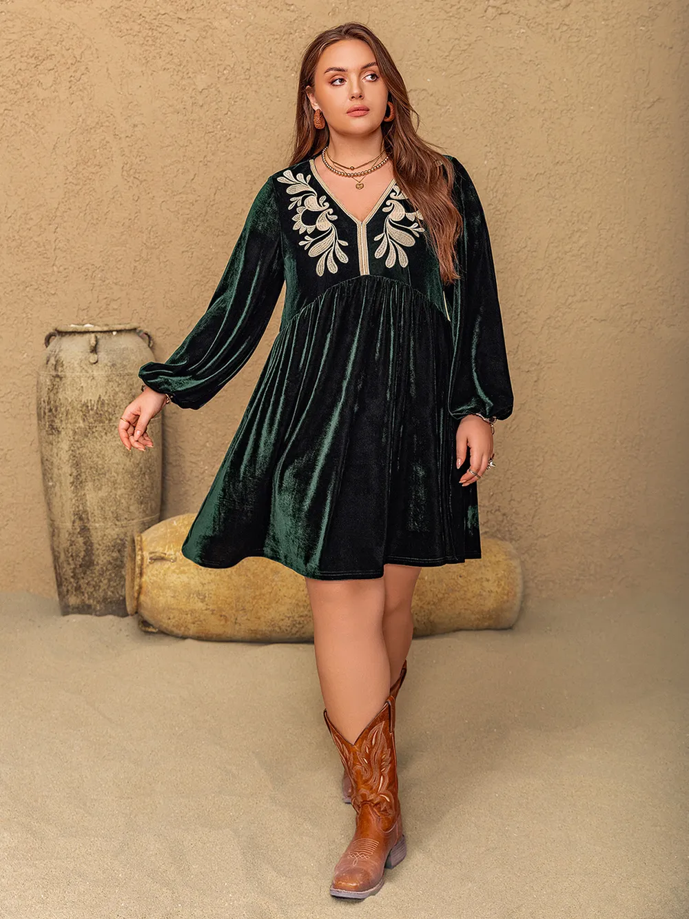 Plus Size Embroidered V-Neck Long Sleeve Dress, image 7