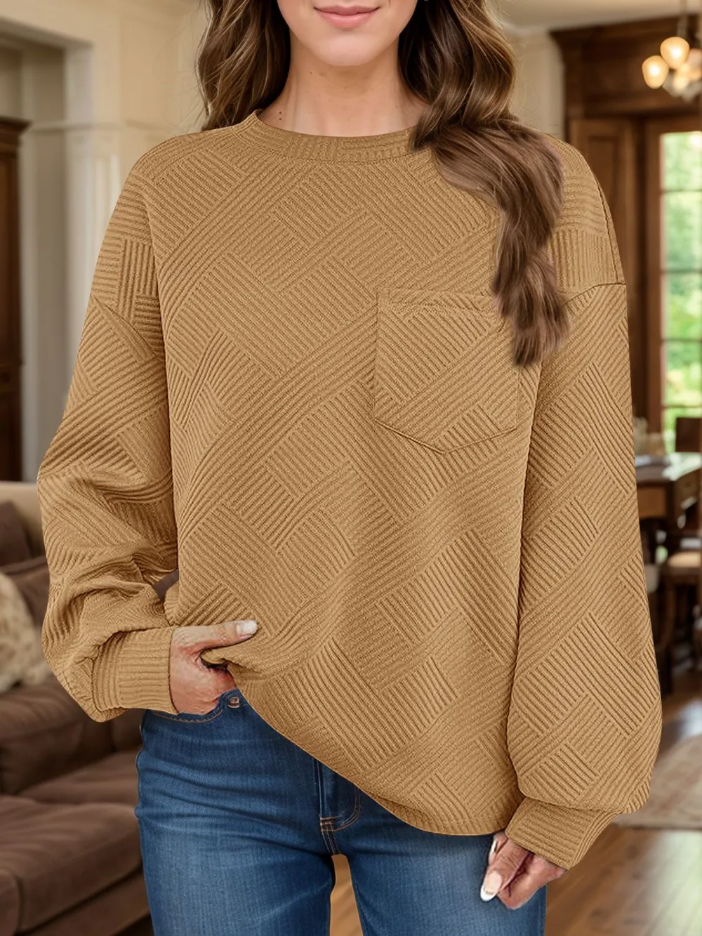 Full Size Texture Round Neck Long Sleeve Sweatshirt, image 5