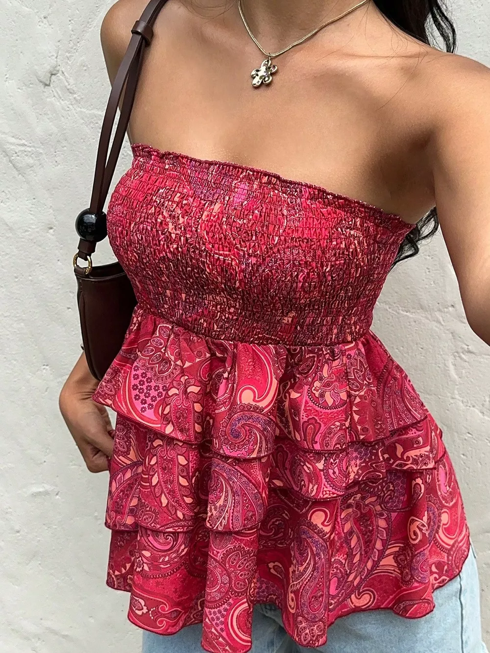 Smocked Layered Paisley Print Tube Top, image 5