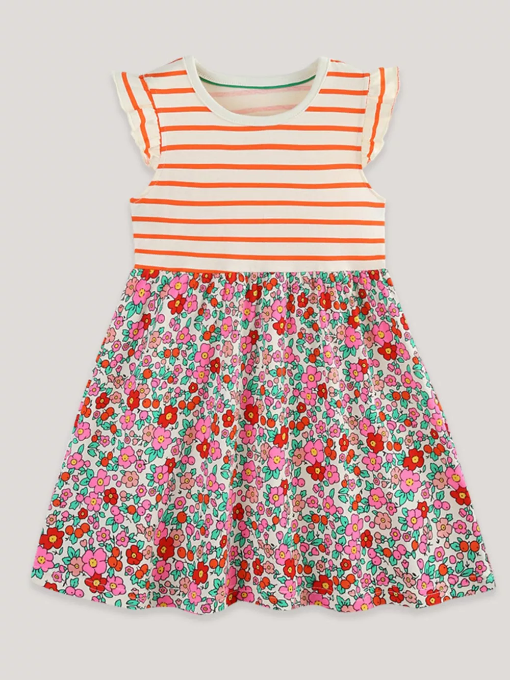 Children's Striped Floral Print Ruffle Sleeve Dress, image 2