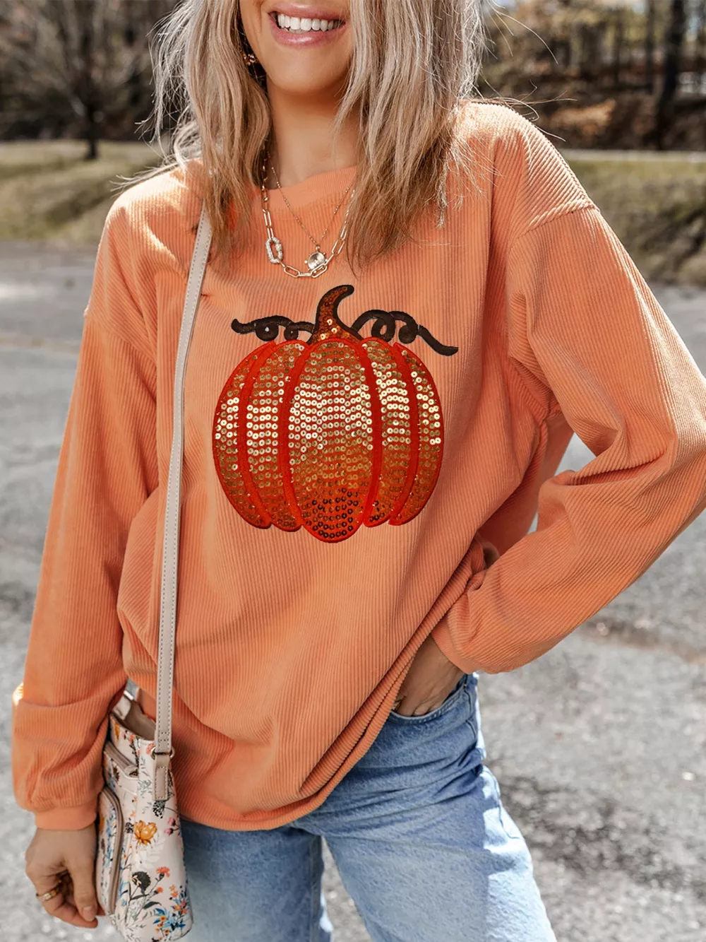 Halloween Sequined Pumpkin Ribbed Round Neck Sweatshirt, image 7
