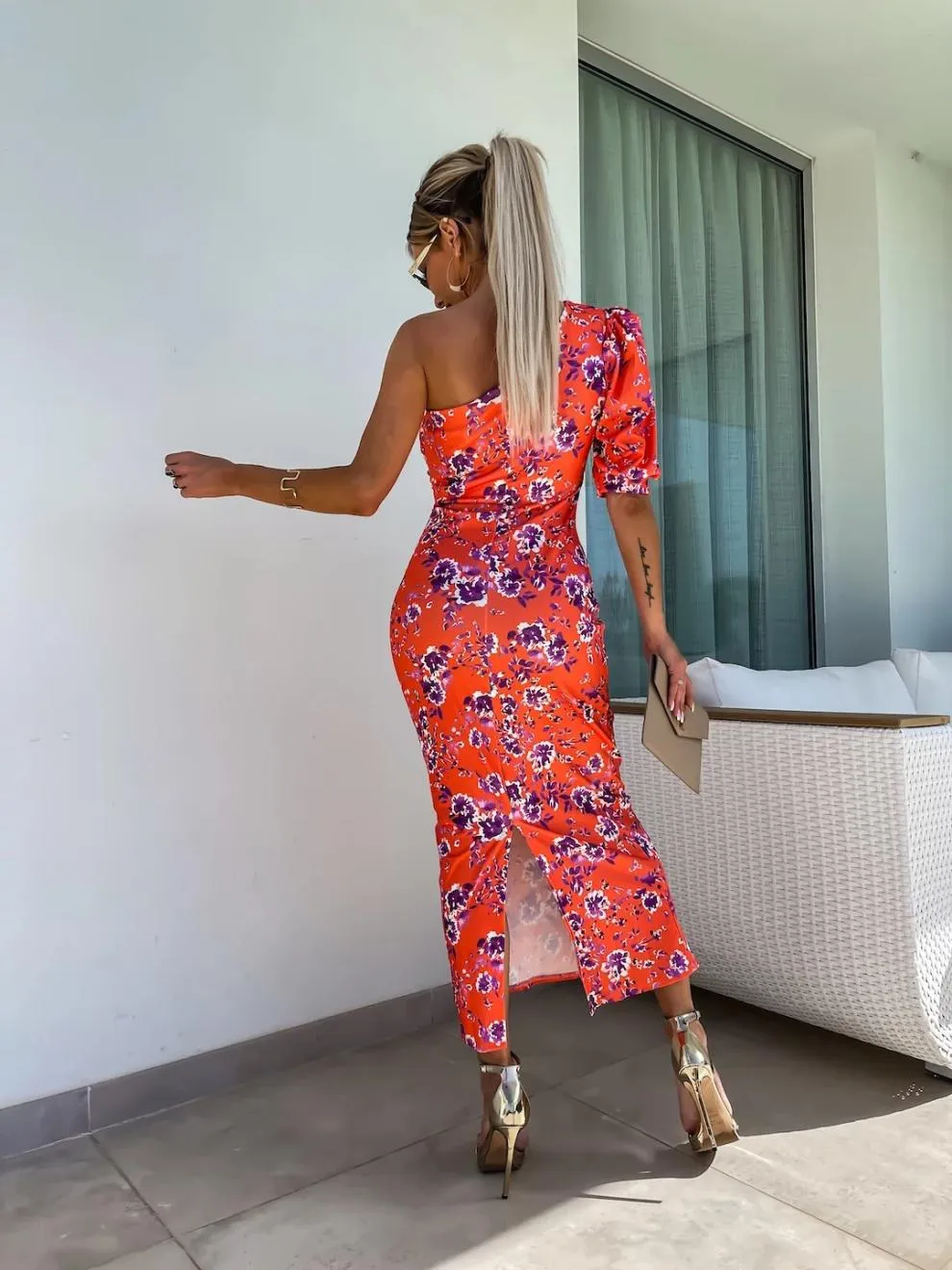 Slit Printed Single Shoulder Midi Dress, image 14