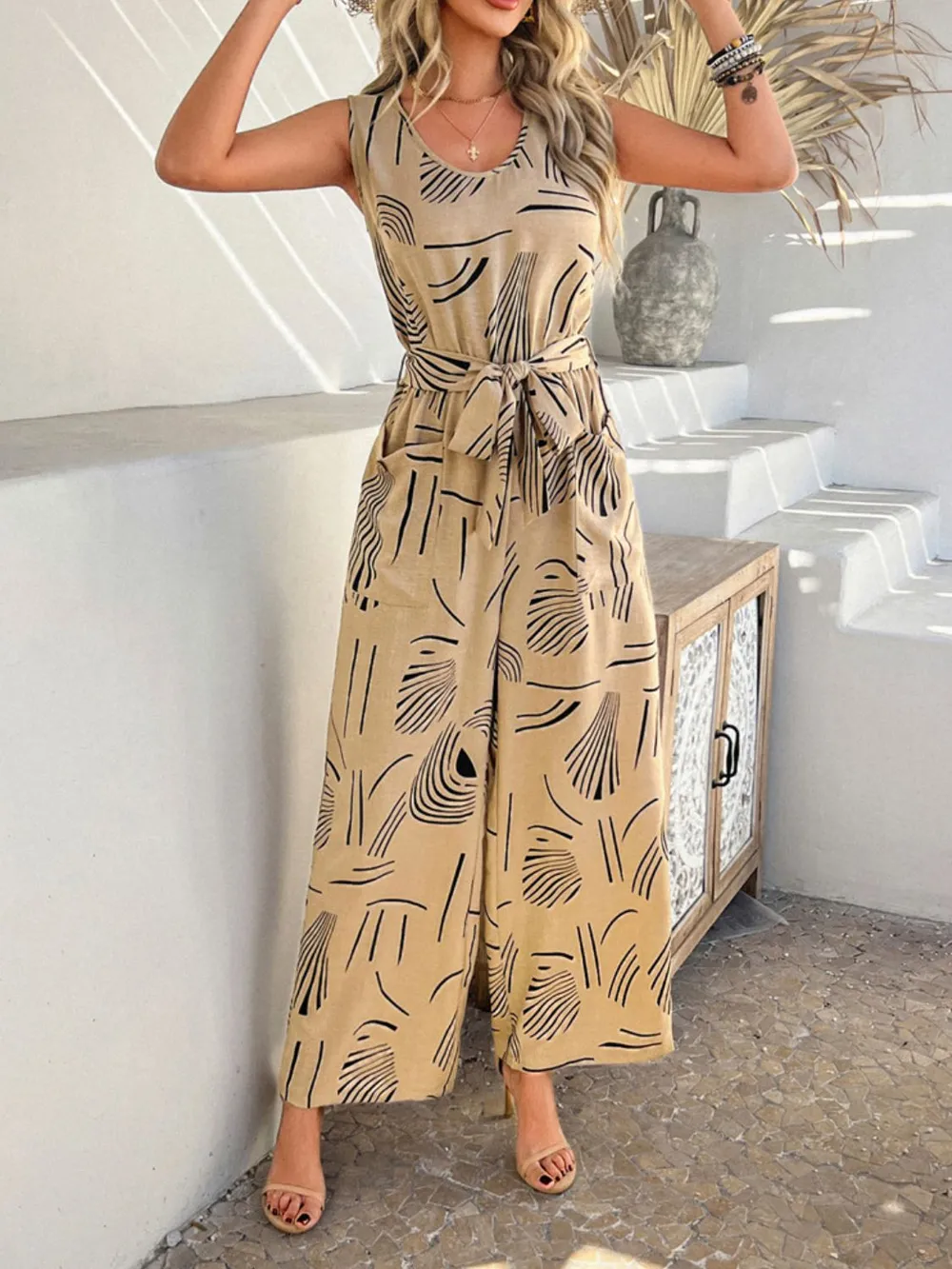 Printed Round Neck Sleeveless Tie Waist Jumpsuit, image 11