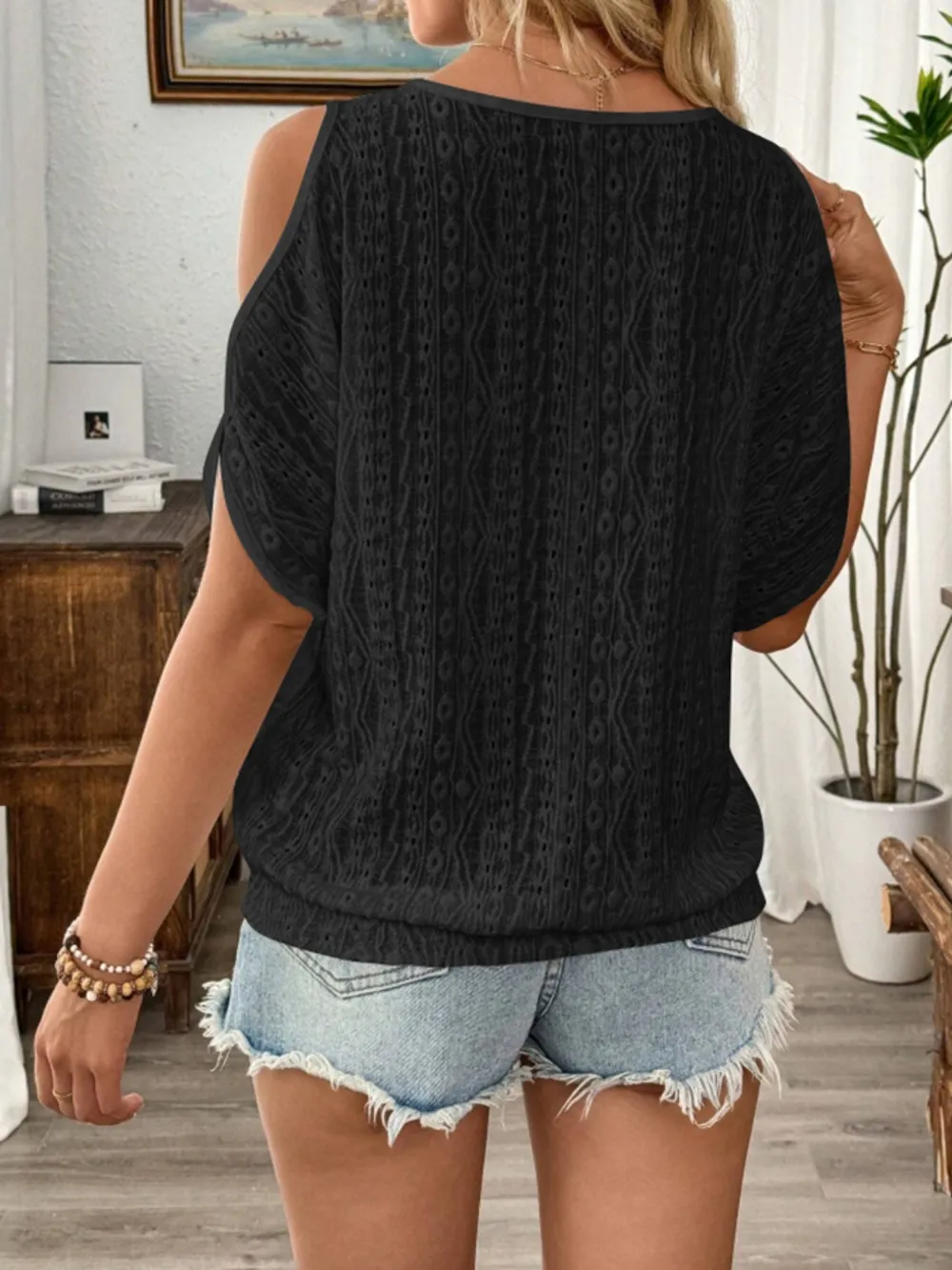 Eyelet Cold Shoulder Round Neck Blouse, image 17
