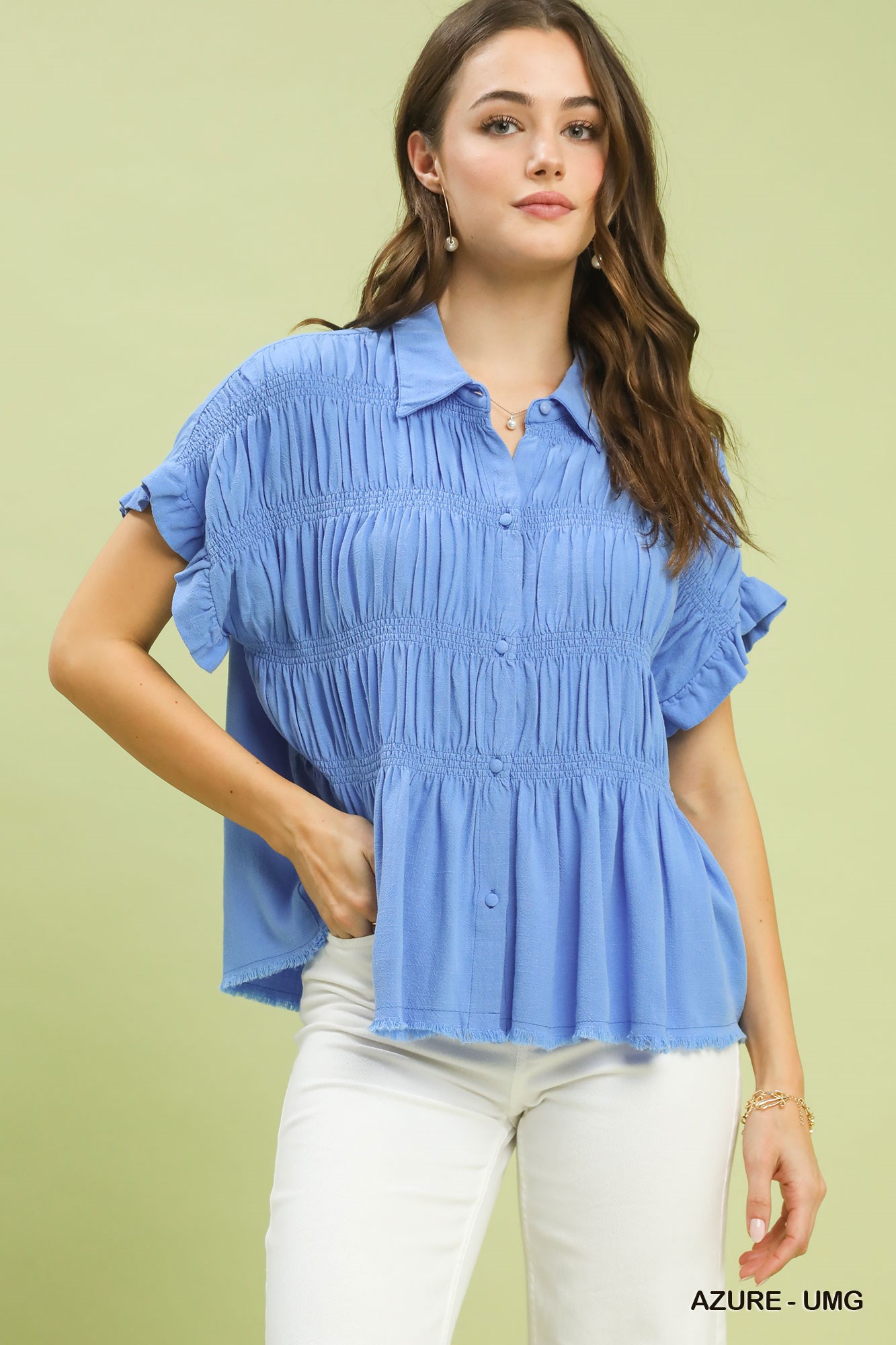 Washed Linen Blend Smocked Shirt