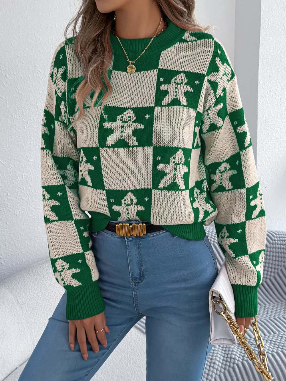 Christmas Checkerboard Gingerbread Round Neck Sweater, image 2