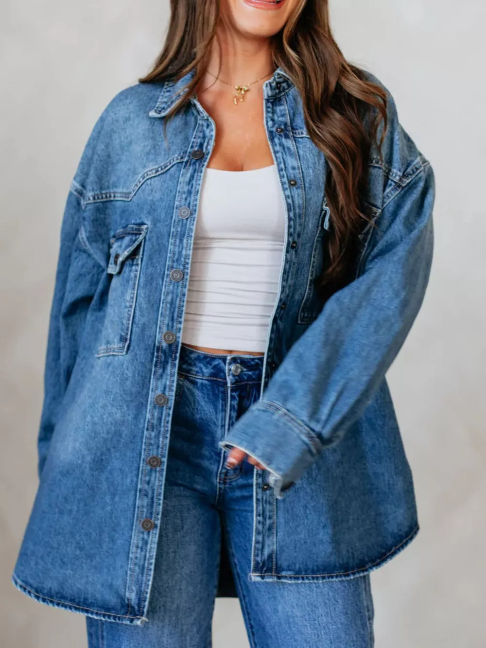 Snap Down Dropped Shoulder Denim Jacket, image 4