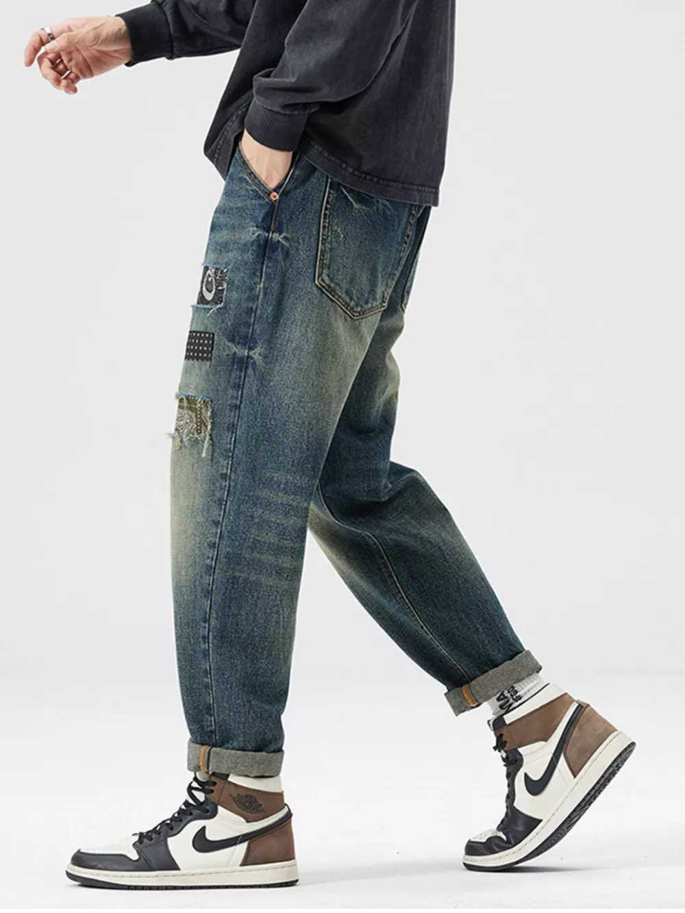 Men's Patchwork Ripped Loose Fit Jeans, image 5